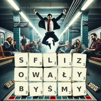 Kreatywna ilustracja do gry w Scrabble ze słowem SFLIZOWAŁYBYŚMY ułożonym z płytek na planszy.
