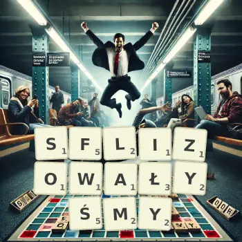 Kreatywna ilustracja do gry w Scrabble ze słowem SFLIZOWAŁYŚMY ułożonym z płytek na planszy.