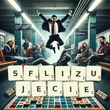 Kreatywna ilustracja do gry w Scrabble ze słowem SFLIZUJECIE ułożonym z płytek na planszy.