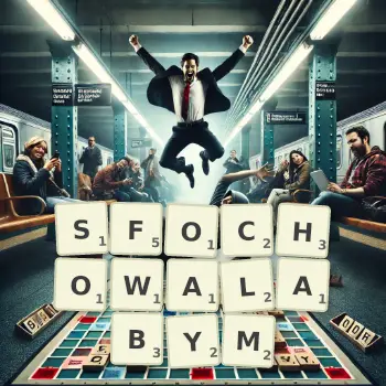 Kreatywna ilustracja do gry w Scrabble ze słowem SFOCHOWALABYM ułożonym z płytek na planszy.
