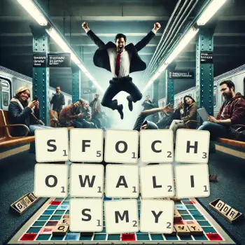 Kreatywna ilustracja do gry w Scrabble ze słowem SFOCHOWALISMY ułożonym z płytek na planszy.