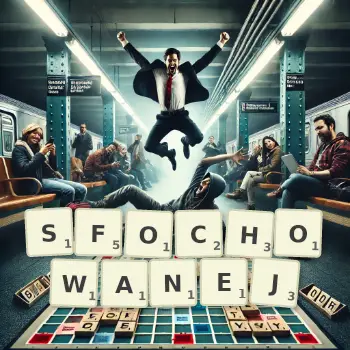 Kreatywna ilustracja do gry w Scrabble ze słowem SFOCHOWANEJ ułożonym z płytek na planszy.