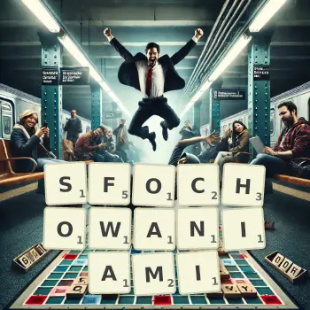 Kreatywna ilustracja do gry w Scrabble ze słowem SFOCHOWANIAMI ułożonym z płytek na planszy.