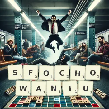 Kreatywna ilustracja do gry w Scrabble ze słowem SFOCHOWANIU ułożonym z płytek na planszy.