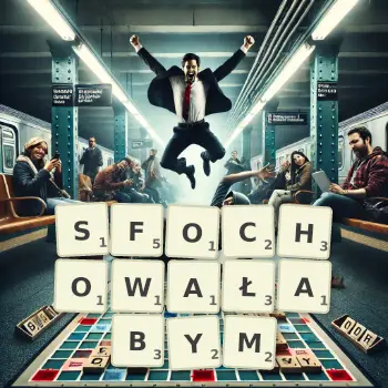 Kreatywna ilustracja do gry w Scrabble ze słowem SFOCHOWAŁABYM ułożonym z płytek na planszy.