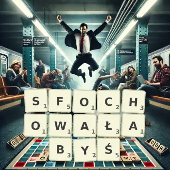 Kreatywna ilustracja do gry w Scrabble ze słowem SFOCHOWAŁABYŚ ułożonym z płytek na planszy.