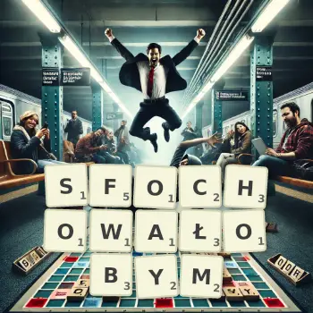 Kreatywna ilustracja do gry w Scrabble ze słowem SFOCHOWAŁOBYM ułożonym z płytek na planszy.