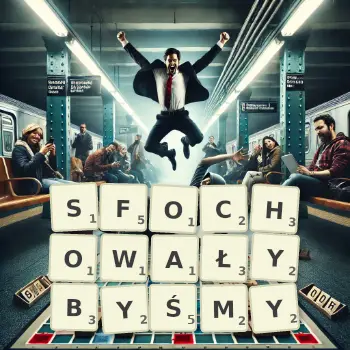 Kreatywna ilustracja do gry w Scrabble ze słowem SFOCHOWAŁYBYŚMY ułożonym z płytek na planszy.