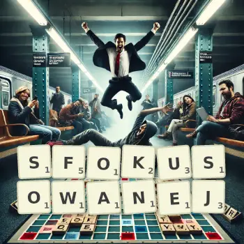 Kreatywna ilustracja do gry w Scrabble ze słowem SFOKUSOWANEJ ułożonym z płytek na planszy.