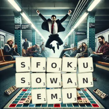 Kreatywna ilustracja do gry w Scrabble ze słowem SFOKUSOWANEMU ułożonym z płytek na planszy.