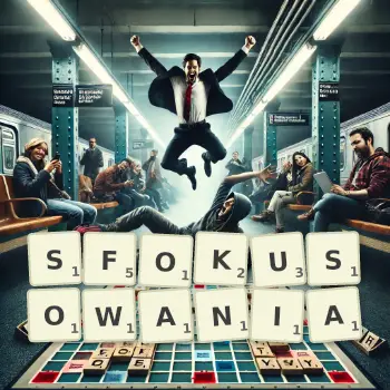 Kreatywna ilustracja do gry w Scrabble ze słowem SFOKUSOWANIA ułożonym z płytek na planszy.