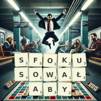 Kreatywna ilustracja do gry w Scrabble ze słowem SFOKUSOWAŁABY ułożonym z płytek na planszy.