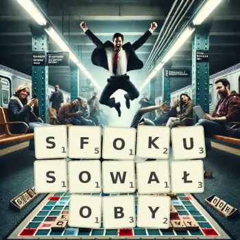 Kreatywna ilustracja do gry w Scrabble ze słowem SFOKUSOWAŁOBY ułożonym z płytek na planszy.