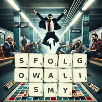 Kreatywna ilustracja do gry w Scrabble ze słowem SFOLGOWALISMY ułożonym z płytek na planszy.