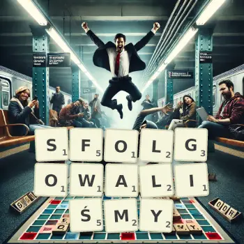 Kreatywna ilustracja do gry w Scrabble ze słowem SFOLGOWALIŚMY ułożonym z płytek na planszy.