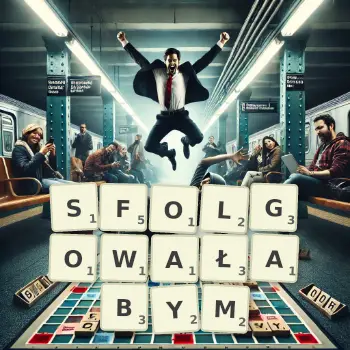 Kreatywna ilustracja do gry w Scrabble ze słowem SFOLGOWAŁABYM ułożonym z płytek na planszy.