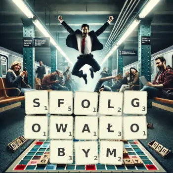 Kreatywna ilustracja do gry w Scrabble ze słowem SFOLGOWAŁOBYM ułożonym z płytek na planszy.