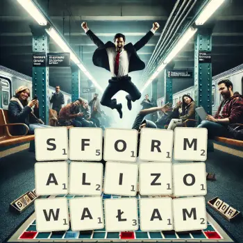 Kreatywna ilustracja do gry w Scrabble ze słowem SFORMALIZOWAŁAM ułożonym z płytek na planszy.