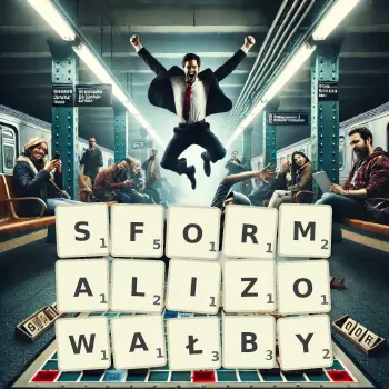 Kreatywna ilustracja do gry w Scrabble ze słowem SFORMALIZOWAŁBY ułożonym z płytek na planszy.