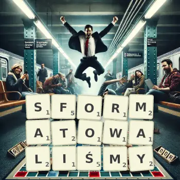 Kreatywna ilustracja do gry w Scrabble ze słowem SFORMATOWALIŚMY ułożonym z płytek na planszy.