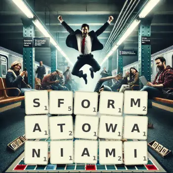 Kreatywna ilustracja do gry w Scrabble ze słowem SFORMATOWANIAMI ułożonym z płytek na planszy.