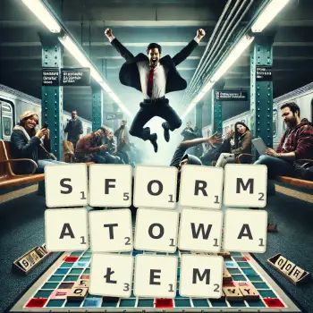 Kreatywna ilustracja do gry w Scrabble ze słowem SFORMATOWAŁEM ułożonym z płytek na planszy.