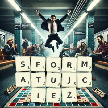 Kreatywna ilustracja do gry w Scrabble ze słowem SFORMATUJCIEŻ ułożonym z płytek na planszy.