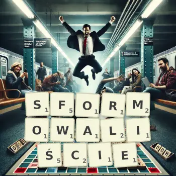 Kreatywna ilustracja do gry w Scrabble ze słowem SFORMOWALIŚCIE ułożonym z płytek na planszy.