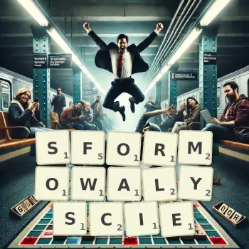 Kreatywna ilustracja do gry w Scrabble ze słowem SFORMOWALYSCIE ułożonym z płytek na planszy.