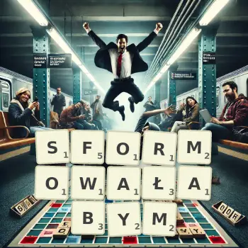 Kreatywna ilustracja do gry w Scrabble ze słowem SFORMOWAŁABYM ułożonym z płytek na planszy.