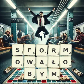 Kreatywna ilustracja do gry w Scrabble ze słowem SFORMOWAŁOBYM ułożonym z płytek na planszy.