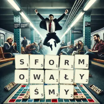 Kreatywna ilustracja do gry w Scrabble ze słowem SFORMOWAŁYŚMY ułożonym z płytek na planszy.