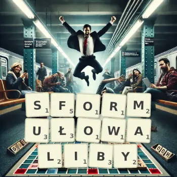 Kreatywna ilustracja do gry w Scrabble ze słowem SFORMUŁOWALIBY ułożonym z płytek na planszy.