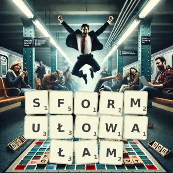 Kreatywna ilustracja do gry w Scrabble ze słowem SFORMUŁOWAŁAM ułożonym z płytek na planszy.