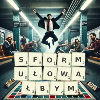 Kreatywna ilustracja do gry w Scrabble ze słowem SFORMUŁOWAŁBYM ułożonym z płytek na planszy.