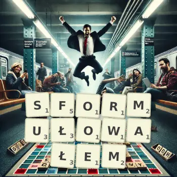 Kreatywna ilustracja do gry w Scrabble ze słowem SFORMUŁOWAŁEM ułożonym z płytek na planszy.