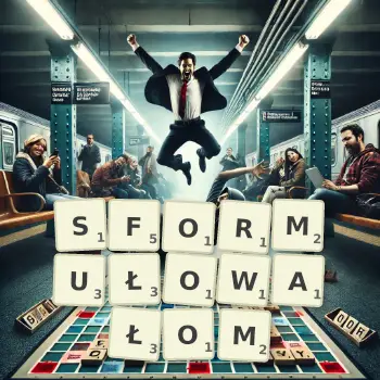 Kreatywna ilustracja do gry w Scrabble ze słowem SFORMUŁOWAŁOM ułożonym z płytek na planszy.