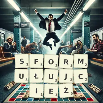 Kreatywna ilustracja do gry w Scrabble ze słowem SFORMUŁUJCIEŻ ułożonym z płytek na planszy.