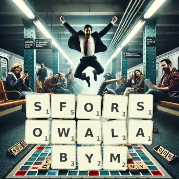 Kreatywna ilustracja do gry w Scrabble ze słowem SFORSOWALABYM ułożonym z płytek na planszy.