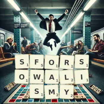 Kreatywna ilustracja do gry w Scrabble ze słowem SFORSOWALISMY ułożonym z płytek na planszy.