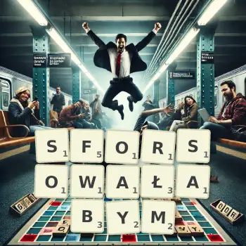 Kreatywna ilustracja do gry w Scrabble ze słowem SFORSOWAŁABYM ułożonym z płytek na planszy.
