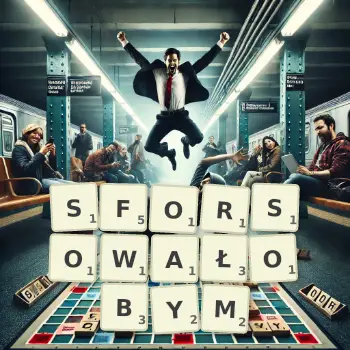 Kreatywna ilustracja do gry w Scrabble ze słowem SFORSOWAŁOBYM ułożonym z płytek na planszy.