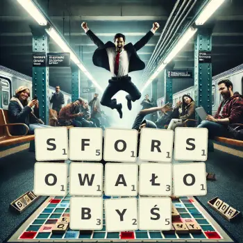 Kreatywna ilustracja do gry w Scrabble ze słowem SFORSOWAŁOBYŚ ułożonym z płytek na planszy.