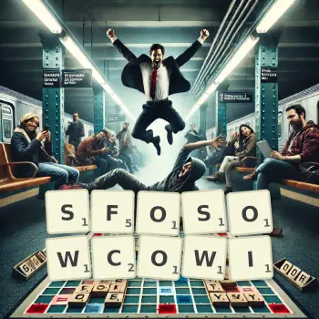 Kreatywna ilustracja do gry w Scrabble ze słowem SFOSOWCOWI ułożonym z płytek na planszy.