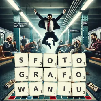 Kreatywna ilustracja do gry w Scrabble ze słowem SFOTOGRAFOWANIU ułożonym z płytek na planszy.