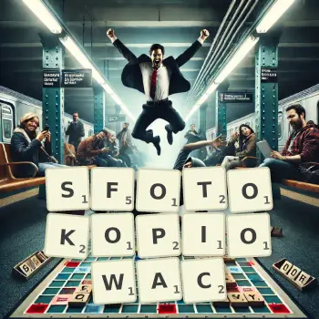 Kreatywna ilustracja do gry w Scrabble ze słowem SFOTOKOPIOWAC ułożonym z płytek na planszy.