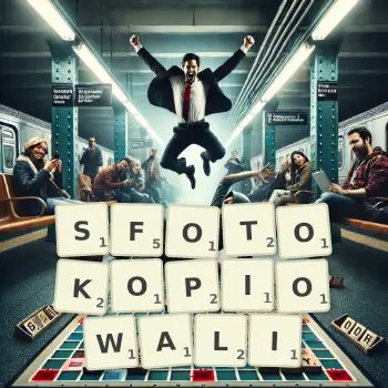 Kreatywna ilustracja do gry w Scrabble ze słowem SFOTOKOPIOWALI ułożonym z płytek na planszy.