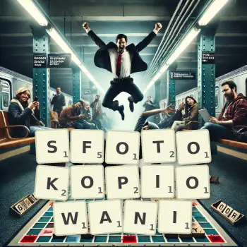 Kreatywna ilustracja do gry w Scrabble ze słowem SFOTOKOPIOWANI ułożonym z płytek na planszy.