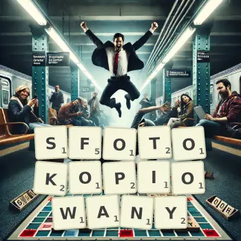 Kreatywna ilustracja do gry w Scrabble ze słowem SFOTOKOPIOWANY ułożonym z płytek na planszy.