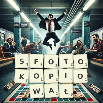 Kreatywna ilustracja do gry w Scrabble ze słowem SFOTOKOPIOWAŁ ułożonym z płytek na planszy.